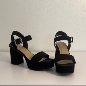 High Block Platform Sandals in Black with Ankle Buckle